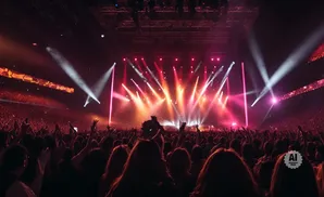 A packed concert crowd cheers under bright stage lights.