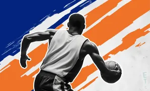 A basketball player dribbles the ball against a blue and orange abstract background.