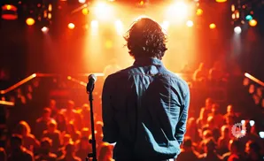 A person in a denim jacket stands facing away from the camera, on a brightly lit stage with a microphone.