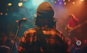 A person in a beanie and flannel shirt performs on stage with a microphone in front of a blurred audience and band.