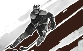 Black and white image of a hockey goalie in full gear, poised with a stick.