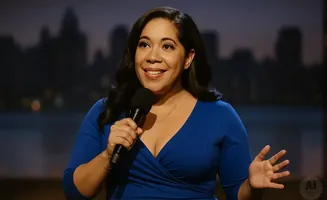 Comedian holds microphone while speaking, wearing a blue dress and a necklace.
