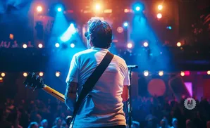 Guitarist on stage facing away from camera, illuminated by blue and orange lights, with a blurred audience in the background.