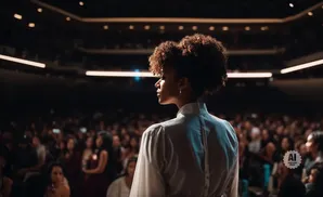 A woman with curly hair stands on a stage, facing a large audience.