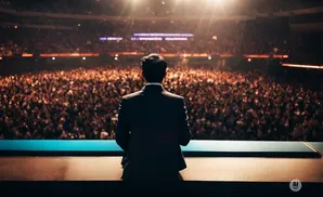 A man in a suit stands on a stage facing a large, cheering crowd in a stadium.