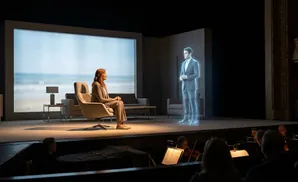 A woman sits in a chair facing a holographic man on a stage.