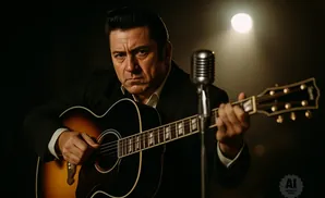 A man in a suit plays an acoustic guitar in front of a vintage microphone, illuminated by a spotlight.