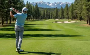 Golfer swings club on a green golf course with trees and snow-capped mountains in the background.