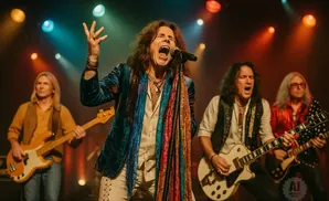 A rock band performs on stage, with the lead singer belting into a microphone.