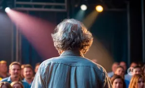Back view of a person with curly gray hair on a stage, facing a blurred audience under colorful stage lights.