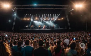 A band performs on a brightly lit stage to a massive crowd of cheering fans holding up phones.