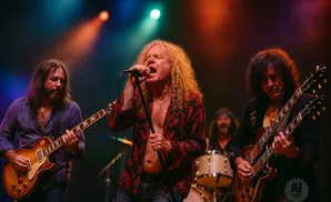 A rock band performs on stage with spotlights.