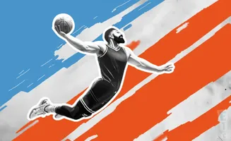 A basketball player dunks against a backdrop of blue and orange stripes.