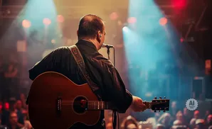 A guitarist plays on stage with blue and red lights illuminating the audience.