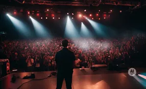 Man on stage faces a cheering crowd holding up cameras and phones under stage lights.