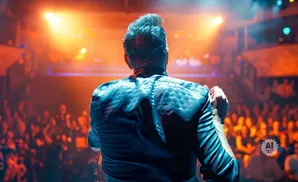 A man in a shiny jacket with a pompadour hairstyle faces away from the camera on a dimly lit stage, with a cheering crowd in the background.