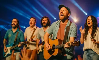 A band performs on stage with bright blue lights in the background.
