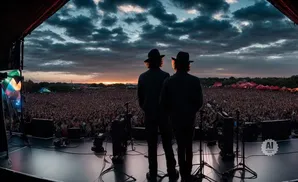 Two figures in hats stand on stage, facing a vast crowd at an outdoor music festival during sunset.