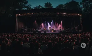 A band performs on a stage lit by pink spotlights to a large audience at dusk.