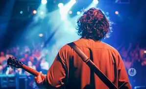 Musician from behind with curly hair plays guitar on stage, with audience in background under blue and white lights.
