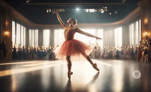 A ballerina in a red tutu performs on a stage with an audience watching.