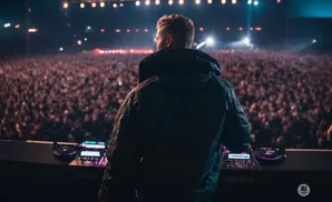 DJ performing for a large crowd at an outdoor concert, illuminated by stage lights.