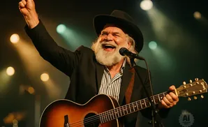 A bearded man in a cowboy hat plays guitar and sings into a microphone on stage.