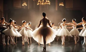 Ballet dancers in white tutus perform on a stage with dramatic lighting.