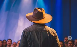 A person wearing a cowboy hat and denim jacket faces a blue background with an audience blurred in the foreground.
