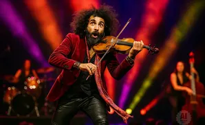 A violinist with a red jacket and black pants plays with intense emotion on stage, with a drummer and a cellist blurred in the background.