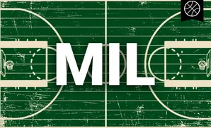 A green and white basketball court with a distressed, vintage texture. A basketball icon is in the upper right corner.