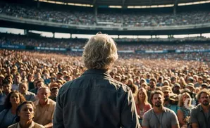 A man with curly blonde hair stands with his back to the camera, addressing a large crowd in a stadium.