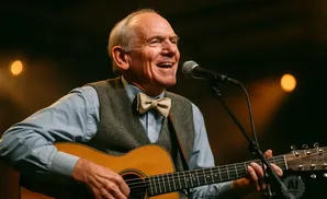An older man with a bow tie sings and plays an acoustic guitar on stage.