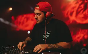 DJ in a red cap and headphones mixes music on turntables with red stage lighting.