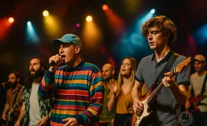 A band performs on stage with colorful lighting. A lead singer with a blue cap and striped shirt sings into a microphone, while a guitarist plays in fro…