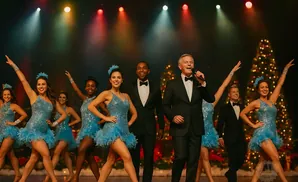 A singer in a tuxedo performs with dancers in sparkly blue outfits on a stage with Christmas lights.