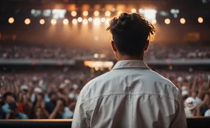 Man in a light jacket facing a cheering crowd at a concert, with stage lights in the background.