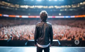 A lone performer in a black leather jacket faces a vast, cheering crowd at a concert.