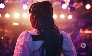 Woman with a high ponytail in a sparkly white top on stage with bright lights.