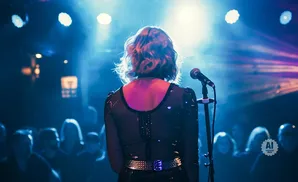A performer stands on stage facing away from the camera, singing into a microphone under bright stage lights.