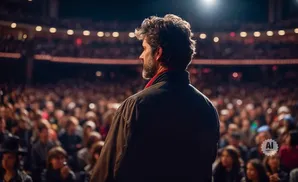 Man with graying hair and beard stands facing a large, blurred audience in a dimly lit theater.