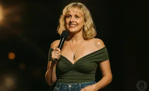 A blonde woman in a green off-the-shoulder top smiles holding a microphone on a dark stage.