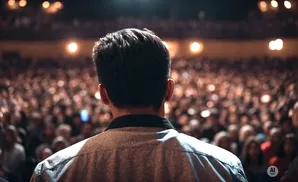 Back of a man's head in a collared shirt facing a large, dimly lit crowd with warm lights in the background.