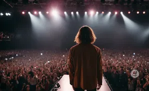 A performer on stage looks out at a large, cheering crowd with phones held high.