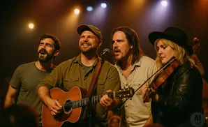A band performs on stage, with a man singing and playing guitar, another singing, a woman playing violin, and another man in the background.