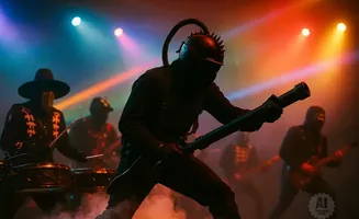 A band in dark outfits and masks performs on a stage with colorful lighting and smoke.