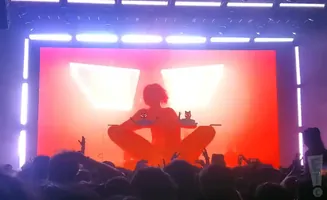 A DJ performs on stage at a concert, silhouetted against a bright red screen. A crowd watches from below.