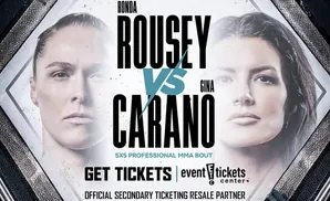 Ronda Rousey vs. Gina Carano MMA fight poster with ticket information.
