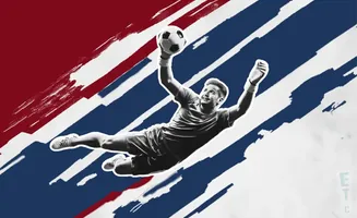 A soccer goalie leaps to catch a ball against a red, white, and blue abstract background.