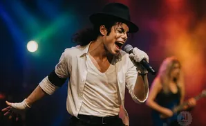 Michael Jackson impersonator sings into a microphone on stage with colored lights and a blurred guitarist in the background.